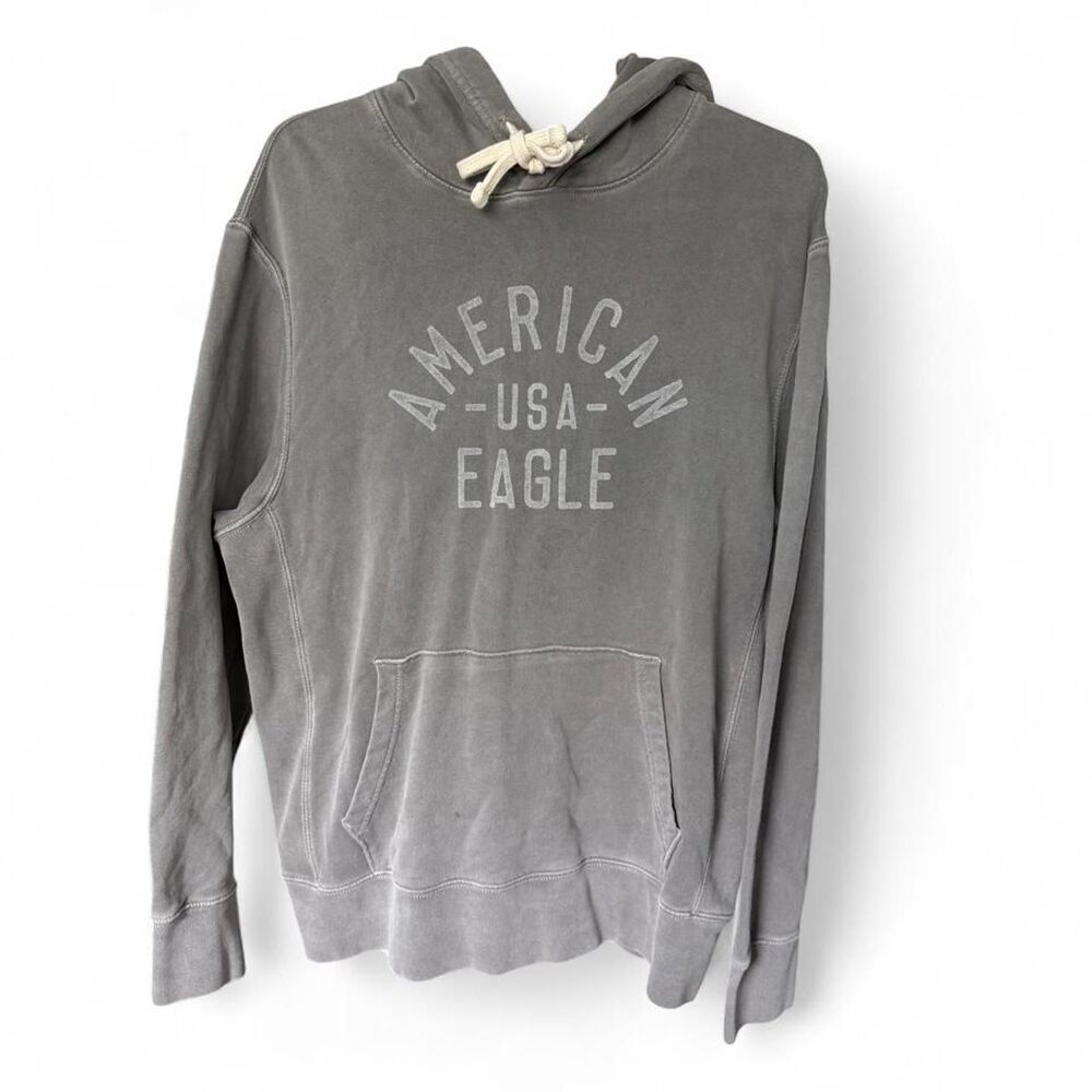 American Eagle Men’s Medium Hoodie Gray Faded Wash Logo Pullover 100% Cotton